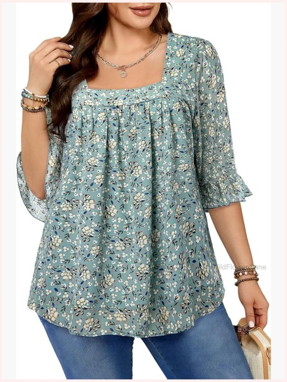 Chiffon Blouse Women Dressy Square Neck Tunic Top Plus Size 3/4 Ruffle Sleeve